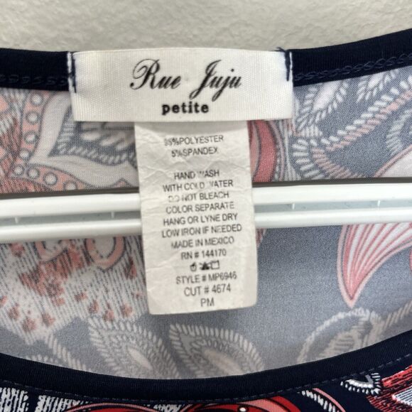 Rue Juju | Blue Red Textured Floral Tie Waist Stretchy Short Sleeve Top Petite M - Picture 4 of 5